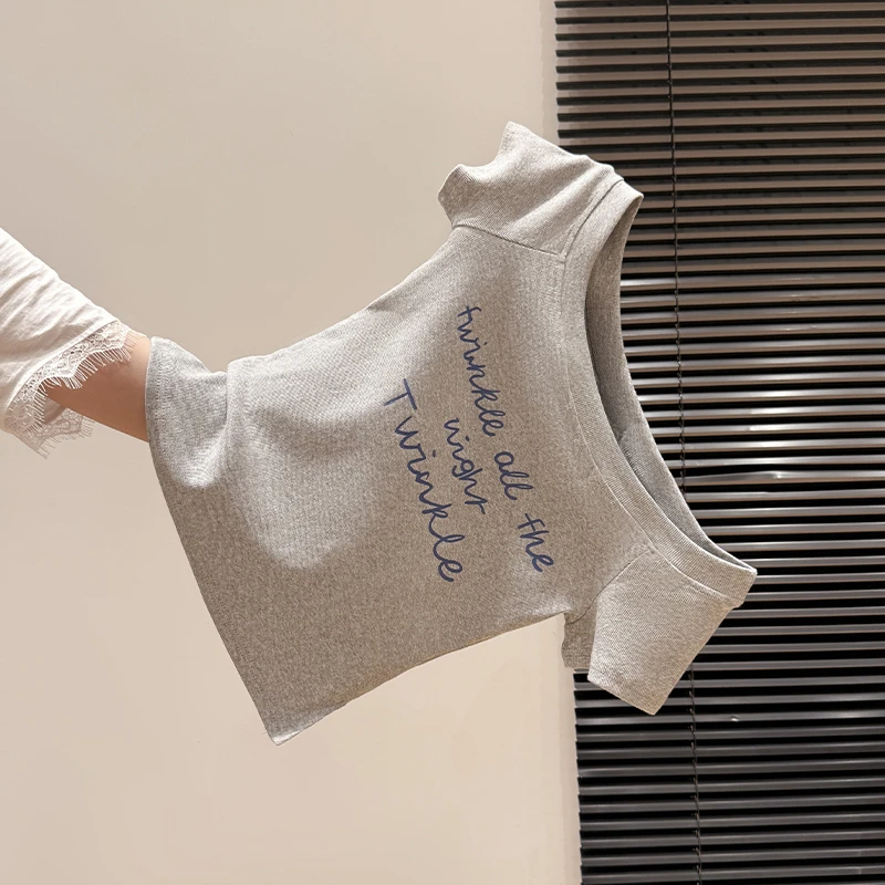 2025夏季一字领露肩纯欲辣妹短袖T恤女字母印花慵懒松弛感小上衣