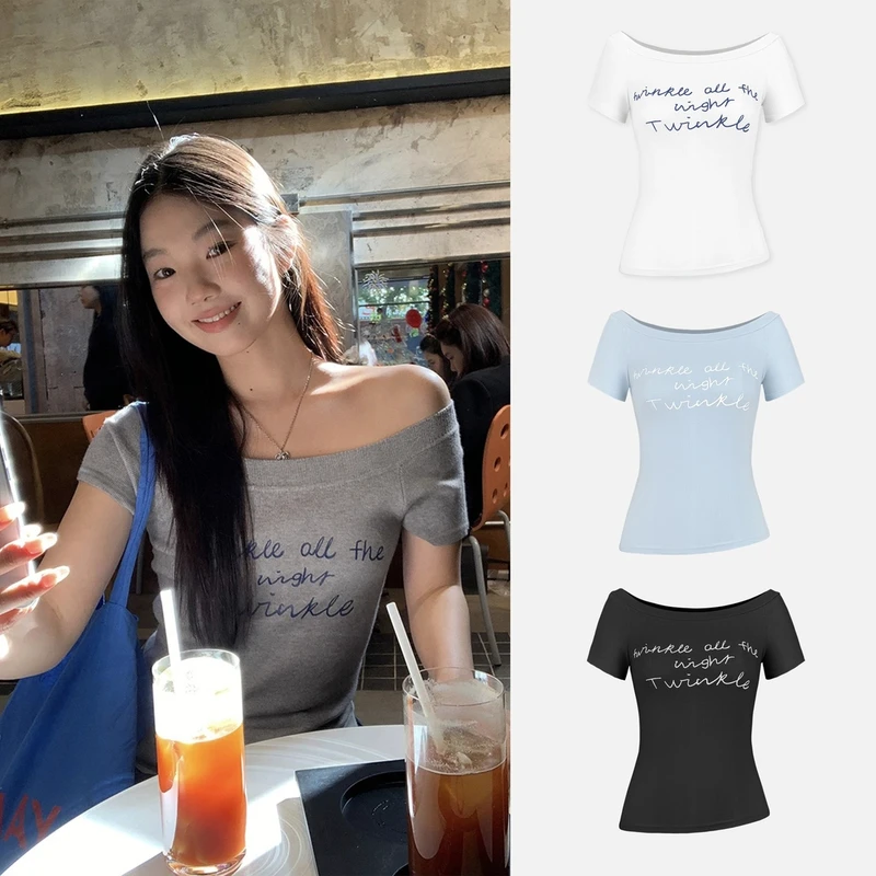 运补6-8】白色上衣夏季短款上衣修身气质辣妹显瘦斜肩T恤白色短袖