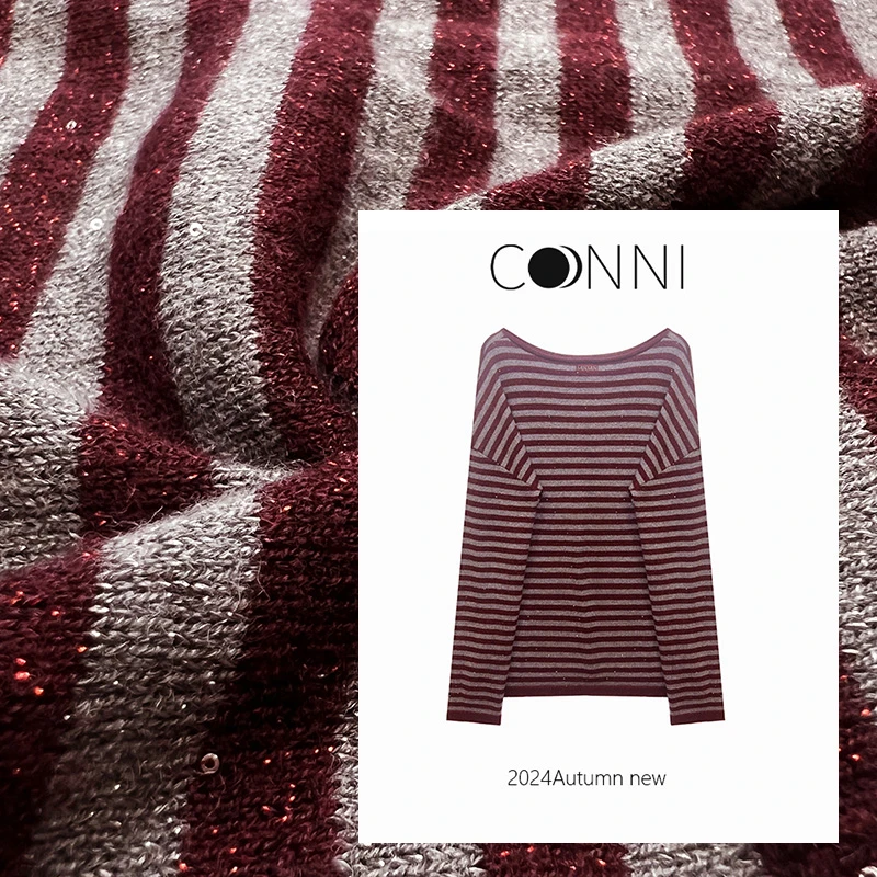 【紫色玫瑰】轻奢松弛感条纹绵羊毛衫25春时尚休闲圆领亮片条纹毛衣