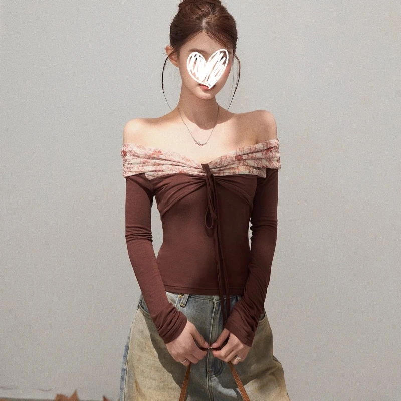 2025早秋法式高级设计感拼接一字肩系带长袖拼接印花网纱打底衫