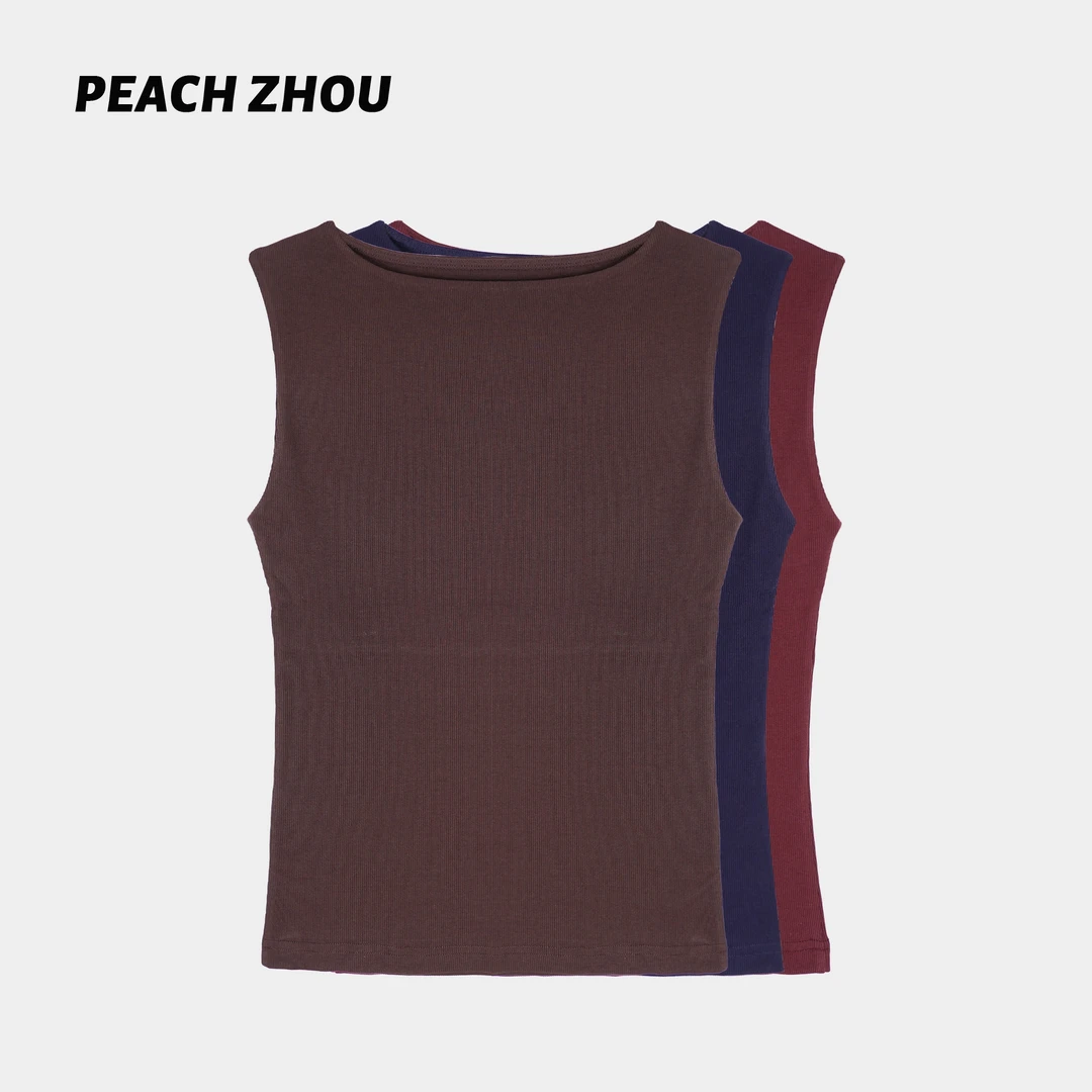 『PEACHZHOU』罗纹针织遮副乳一字船领弹力背心简约休闲无袖上衣女