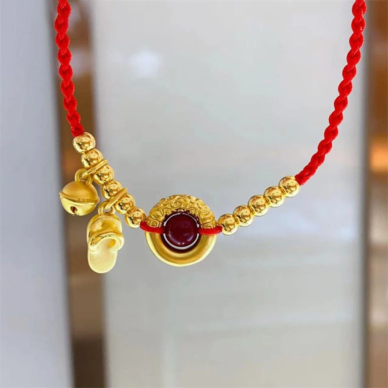 铜合金脚链 红绳脚链轻奢时尚精致送礼 铃铛小拖鞋吊坠编绳黄金色