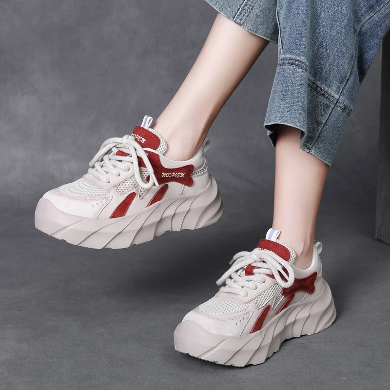 88255吉夏季新款牛皮松糕厚底增高休闲鞋拼色网面透气圆头老爹鞋