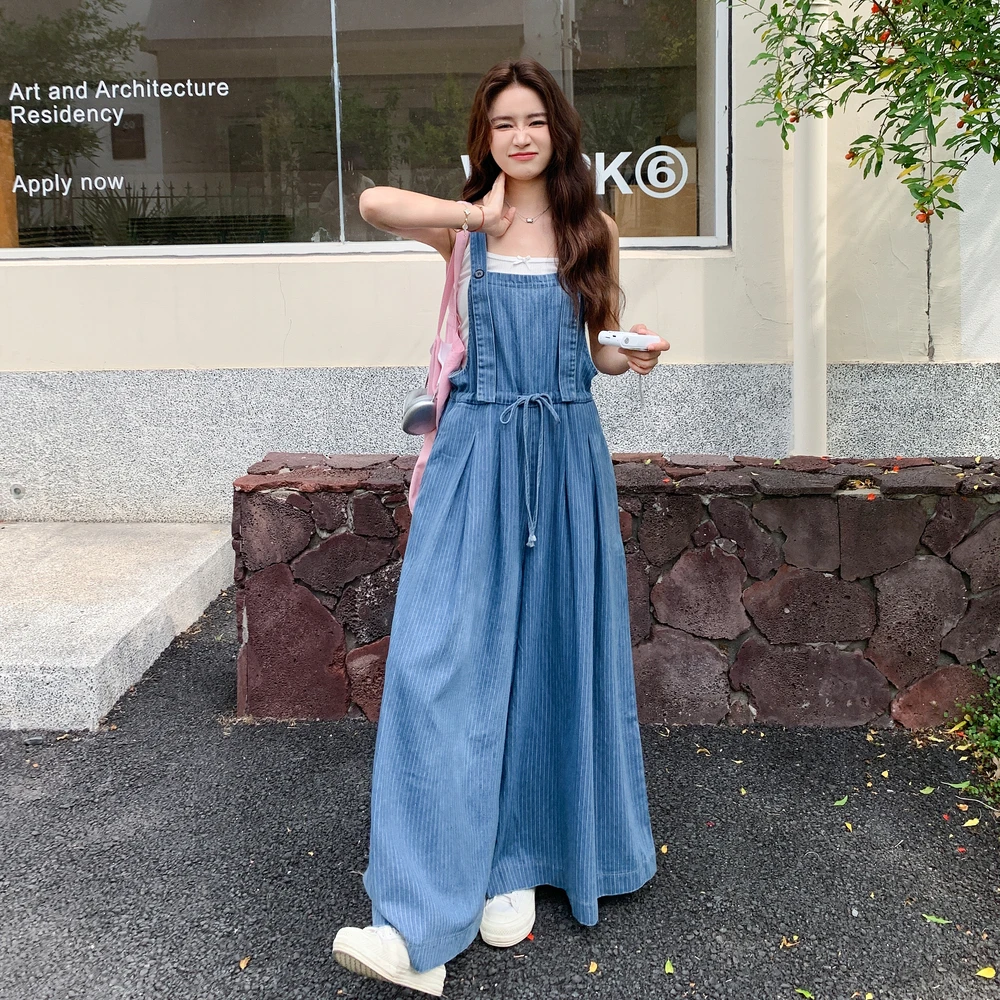 韩版条纹休闲阔腿背带裤女2025夏季新款学院风甜美减龄显瘦连体裤