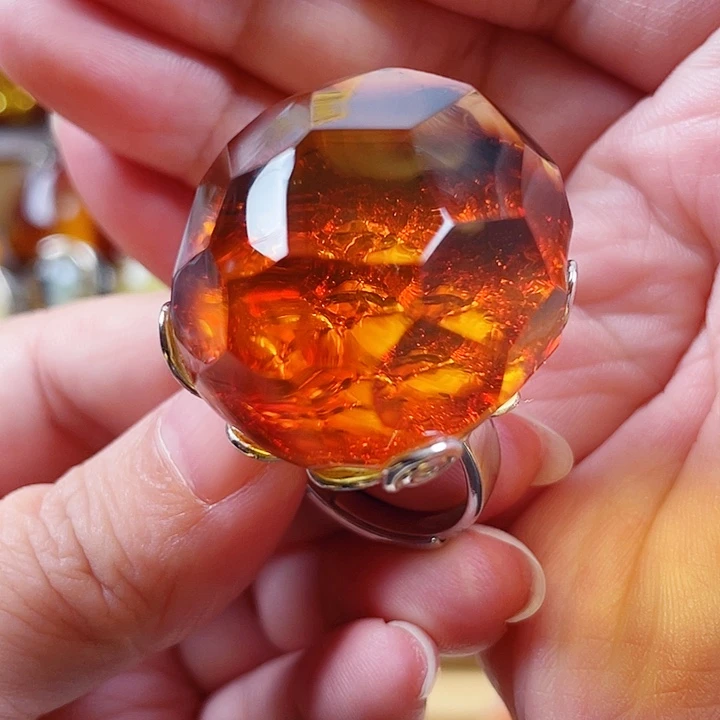 琥珀银S925镶嵌裸石戒指