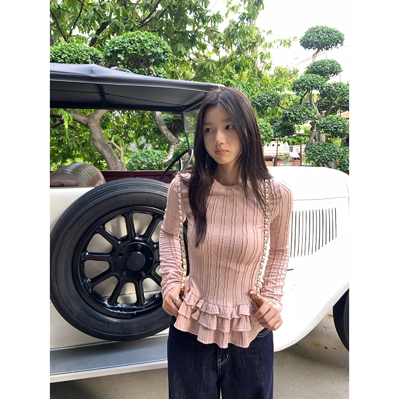 王少女的店【清清】粉色花边圆领针织衫设计感花边上衣Z31679S51