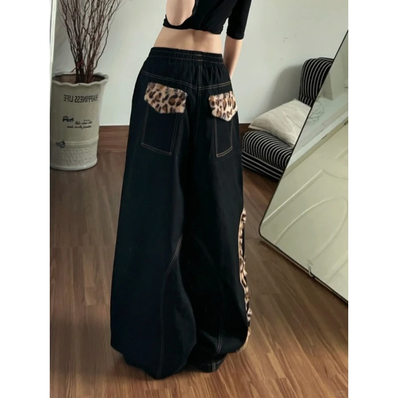 美式复古豹纹刺绣拼接牛仔裤女冬季新款设计感小众宽松显瘦阔腿裤