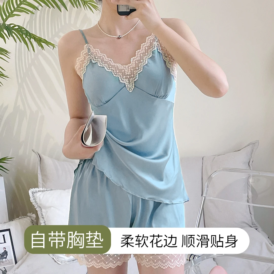 紫色花语睡衣2025夏季新款带胸垫蕾丝性感吊带短裤套装S5BD1214