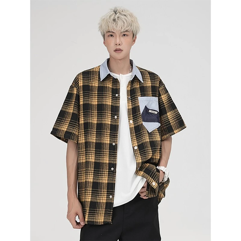 美式复古牛仔领格子短袖衬衫男款夏季感cleanfit格纹衬衣外套