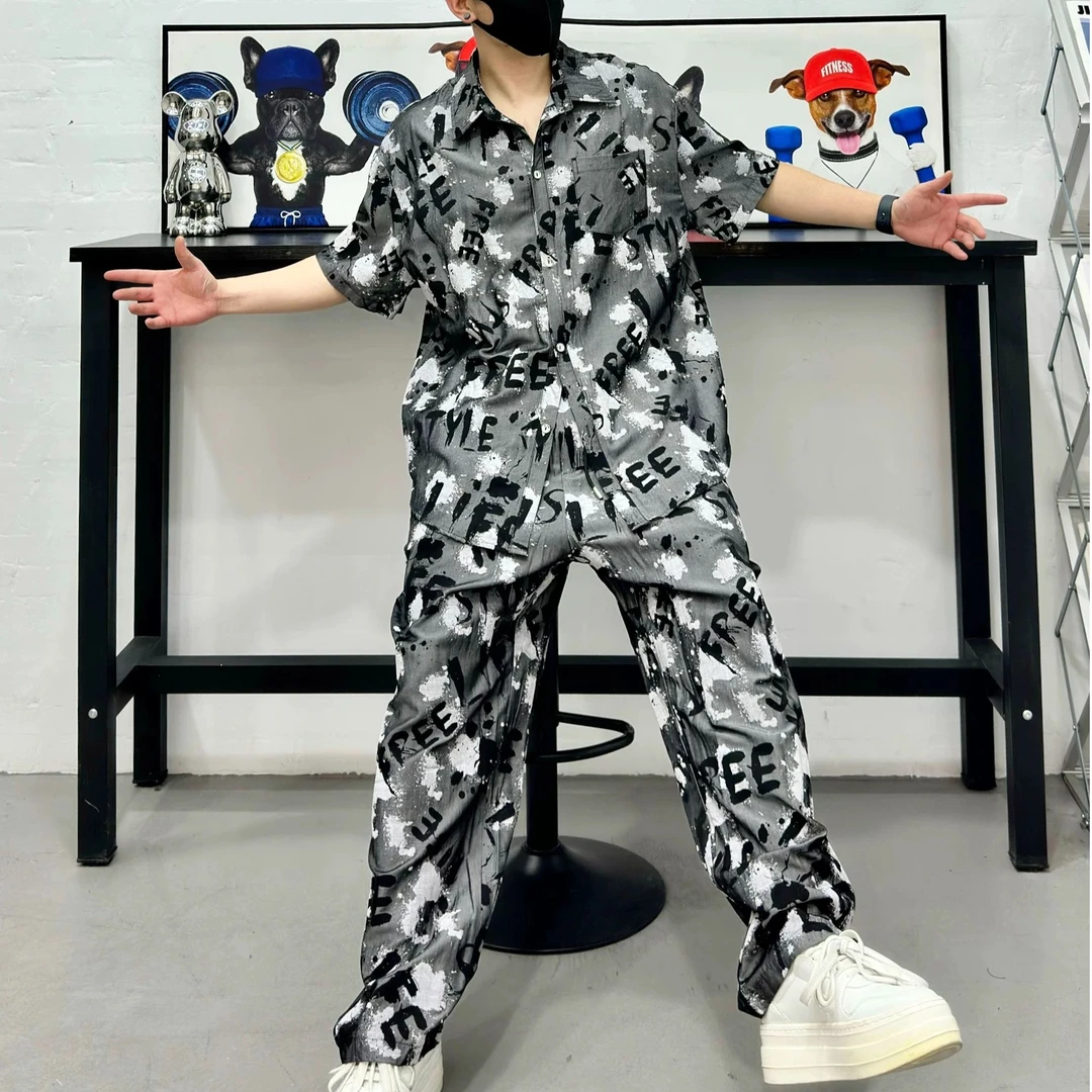 2025夏季新款时尚百搭衬衫男士套装高级印花宽松牛仔短袖直筒长裤