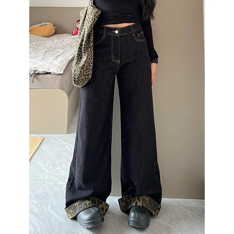 大码女装美式高街豹纹拼接阔腿牛仔裤女胖mm秋季新款黑色拖地裤子