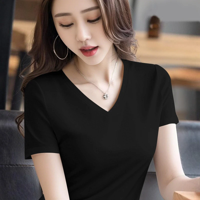 新款黑色V领宽松短袖T恤女莫代尔正肩设计冰丝纯色T恤夏季打底衫
