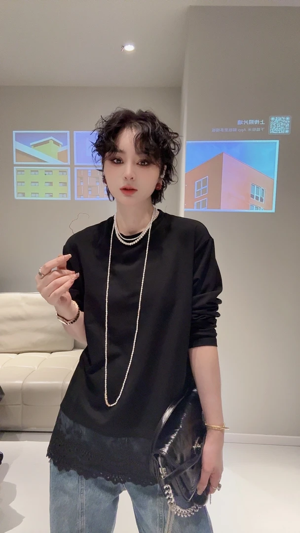 FANYE  2025春夏新款极简轻奢蕾丝下摆双色长袖T恤25001