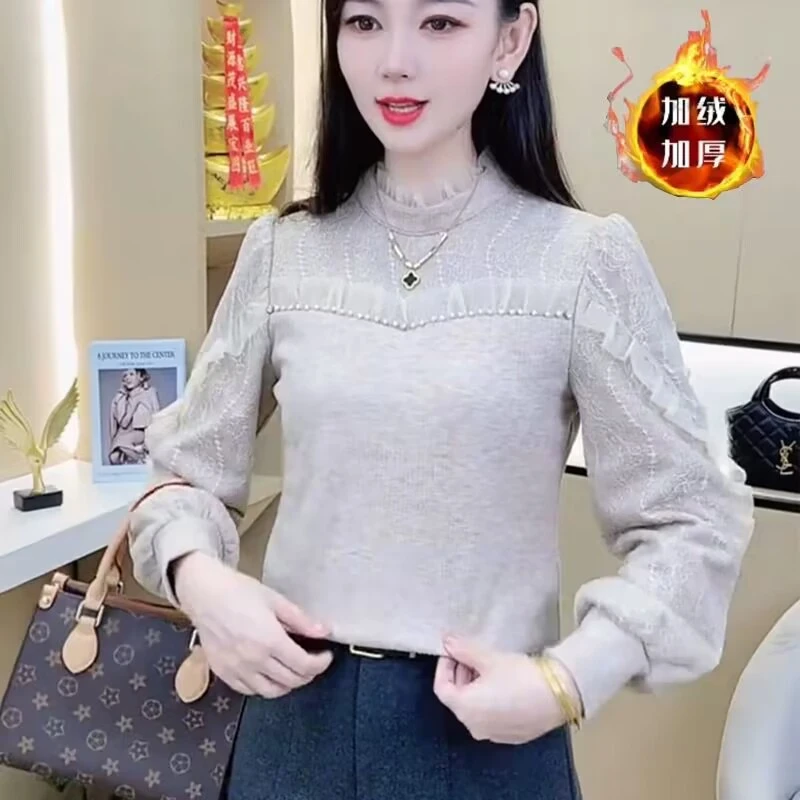 时尚拼接蕾丝打底衫女2025秋冬新款洋气宽松显瘦加绒加厚内搭上衣