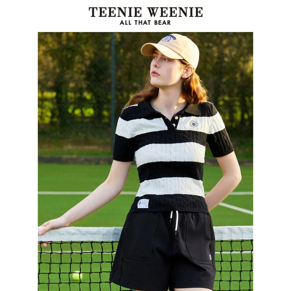 TeenieWeenie小熊24学院风宽条纹绞花针织POLO毛衫女TTKW242502P