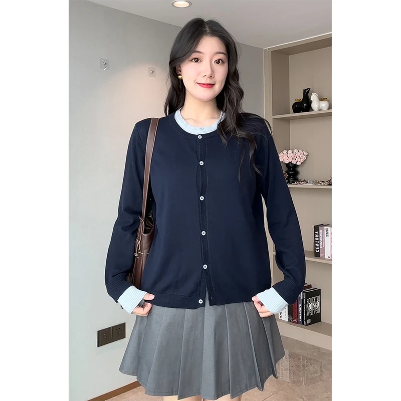 韩系假两件针织开衫女微胖大码学院风高腰百褶半身裙显瘦羊毛上衣