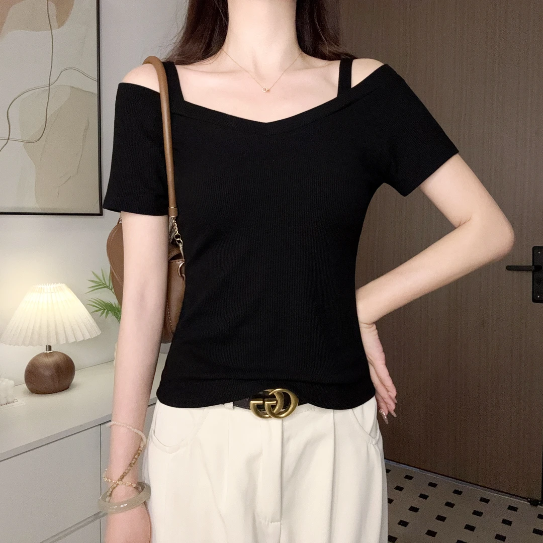 设计感一字肩V领短袖t恤女夏季修身露锁骨打底衫百搭显瘦露肩上衣