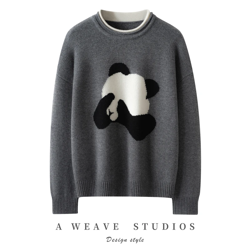 7针双股加厚卡通设计感圆领羊绒衫假两件显瘦毛针织衫羊绒毛衣