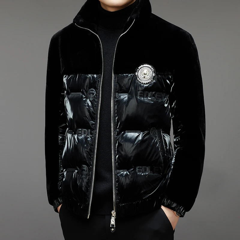 羽绒服男士白鹅绒2025冬季新款貂绒短款加厚亮面潮流拼接羽绒外套