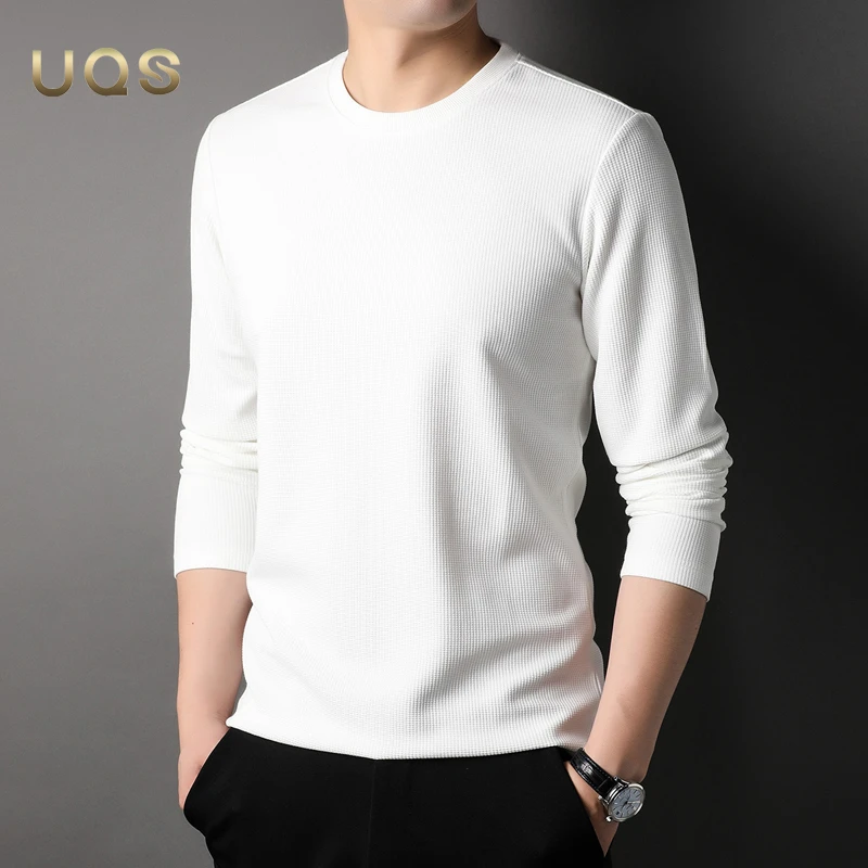 秋季男士纯色圆领长袖上衣时尚华夫格基础款打底衫简约日常百搭款