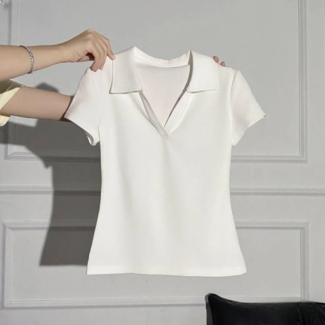 2025polo领正肩短袖T恤女夏季修身显瘦上衣小众网红洋气炸街女装