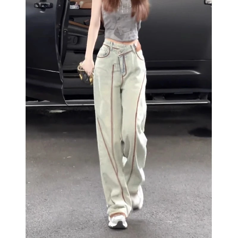 设计感拼接撞色牛仔裤女2025夏季新款复古高腰垂感显瘦阔腿拖地裤