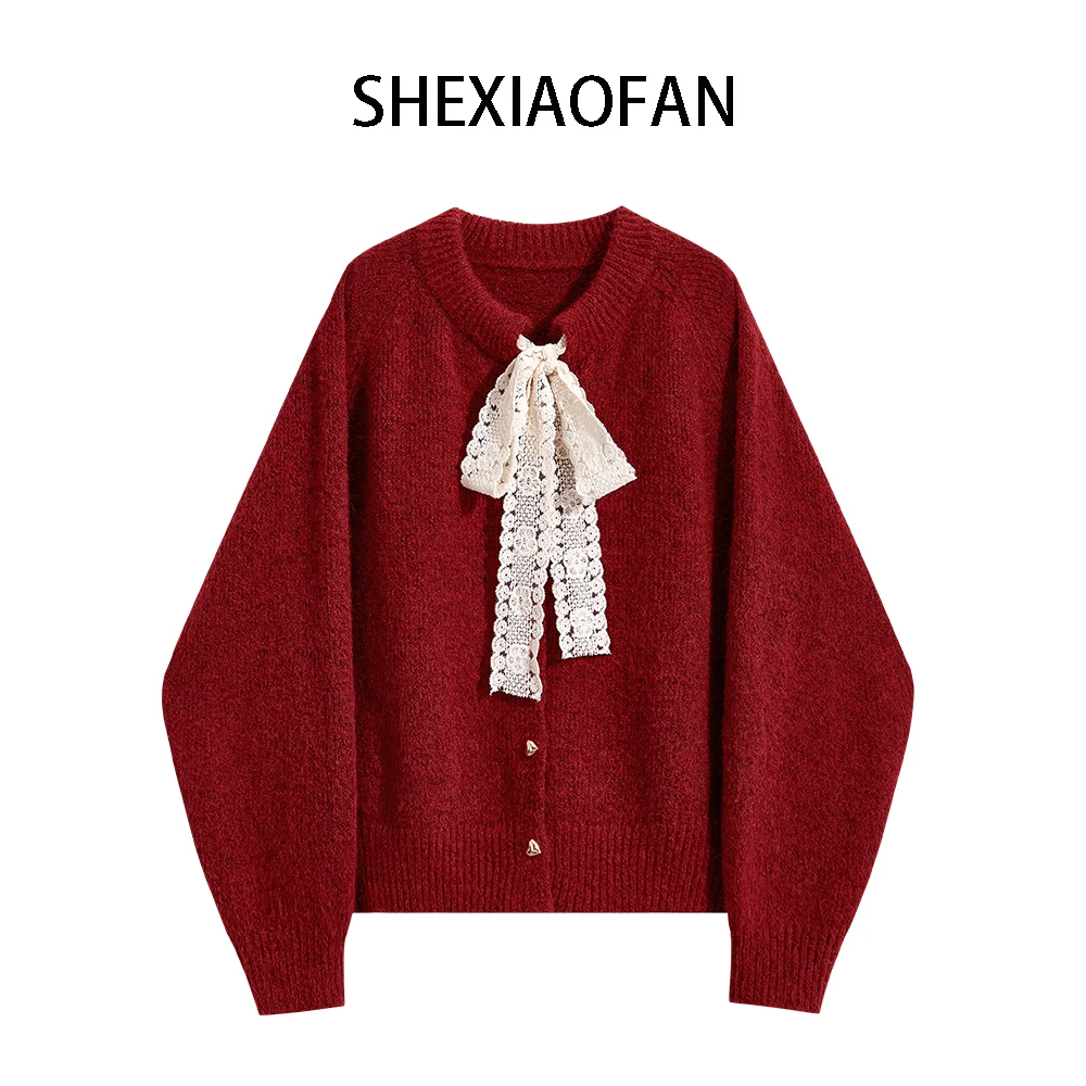 秋季圣诞穿搭慵懒风可外穿百搭红色毛衣蕾丝蝴蝶结系带针织衫上衣