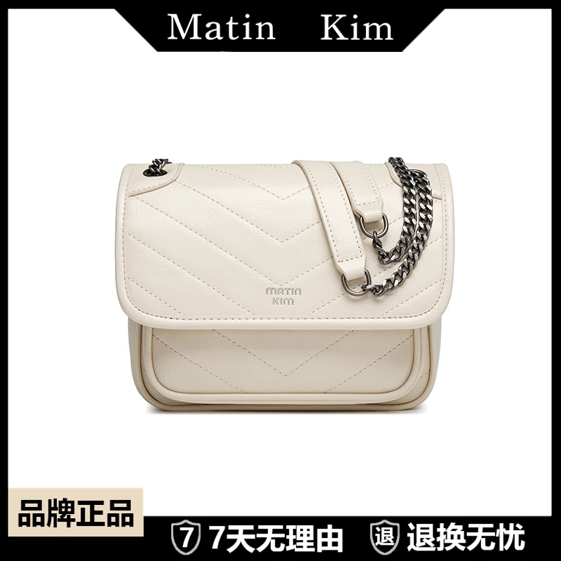 MATIN KIM【2025新款】时尚白色小香风菱格翻盖斜跨链条邮差包