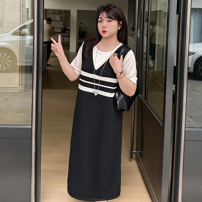 大码女装假两件v领T恤裙女直筒裙2025夏胖mm短袖针织连衣裙22891