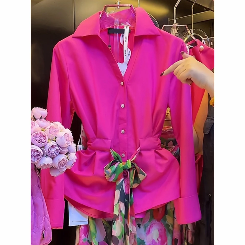 法式长袖V领衬衫女2025秋季新款洋气减龄显瘦设计感收腰系带上衣