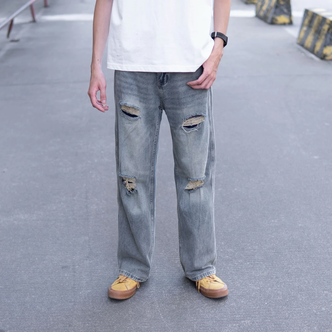 夏季破洞牛仔裤宽松直筒百搭休闲长裤水洗高街复古美式做旧毛边裤