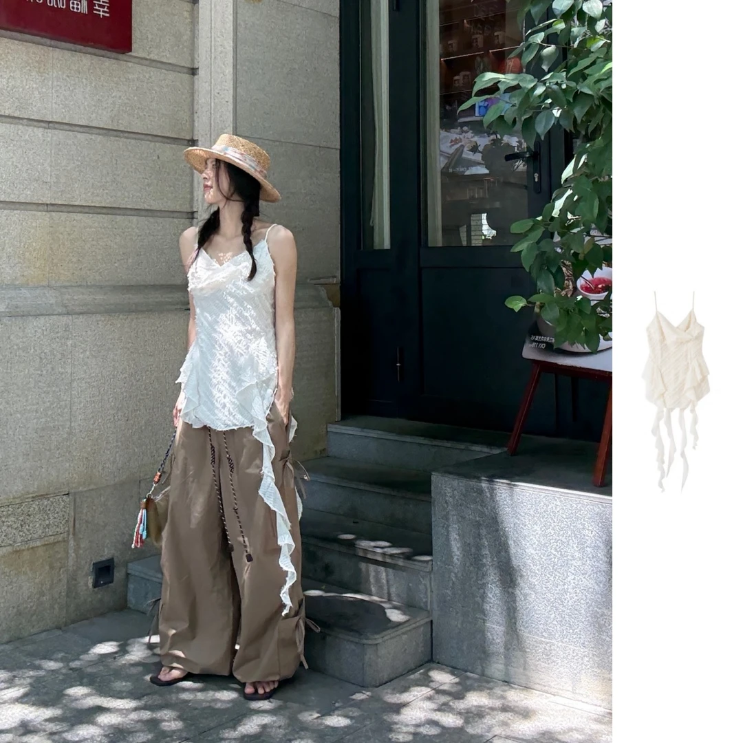 AVVENN  25早秋新品休闲风 蕾丝背心裙吊带白色镂空时尚百搭