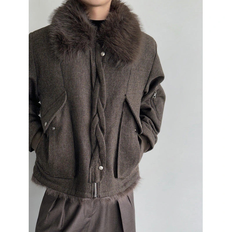 冬季美式大毛领环保毛毛夹克外套男加厚加绒保暖皮毛一体棉衣棉服