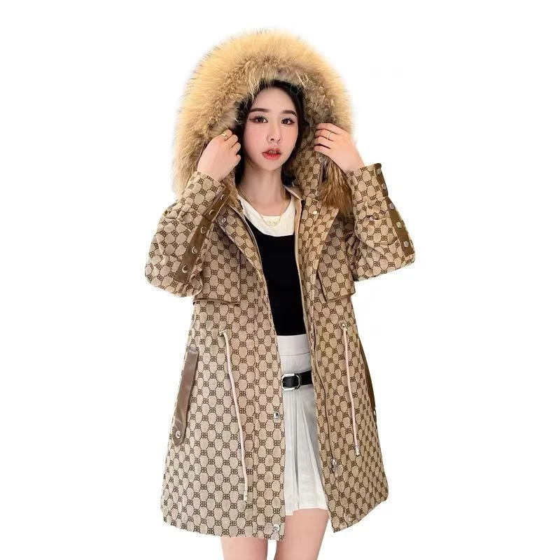 格子升级款新款女士派克服休闲百搭连帽修身冬季加厚保暖大毛领