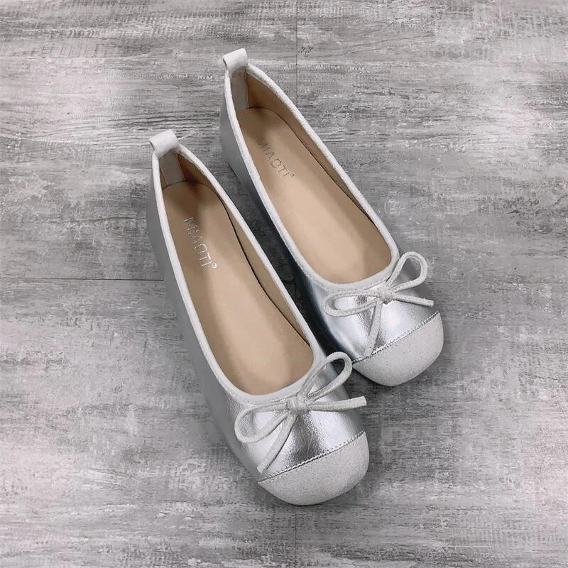 2025春秋季平底温柔晚晚鞋法式银色蝴蝶结单鞋软底大码女鞋41-43