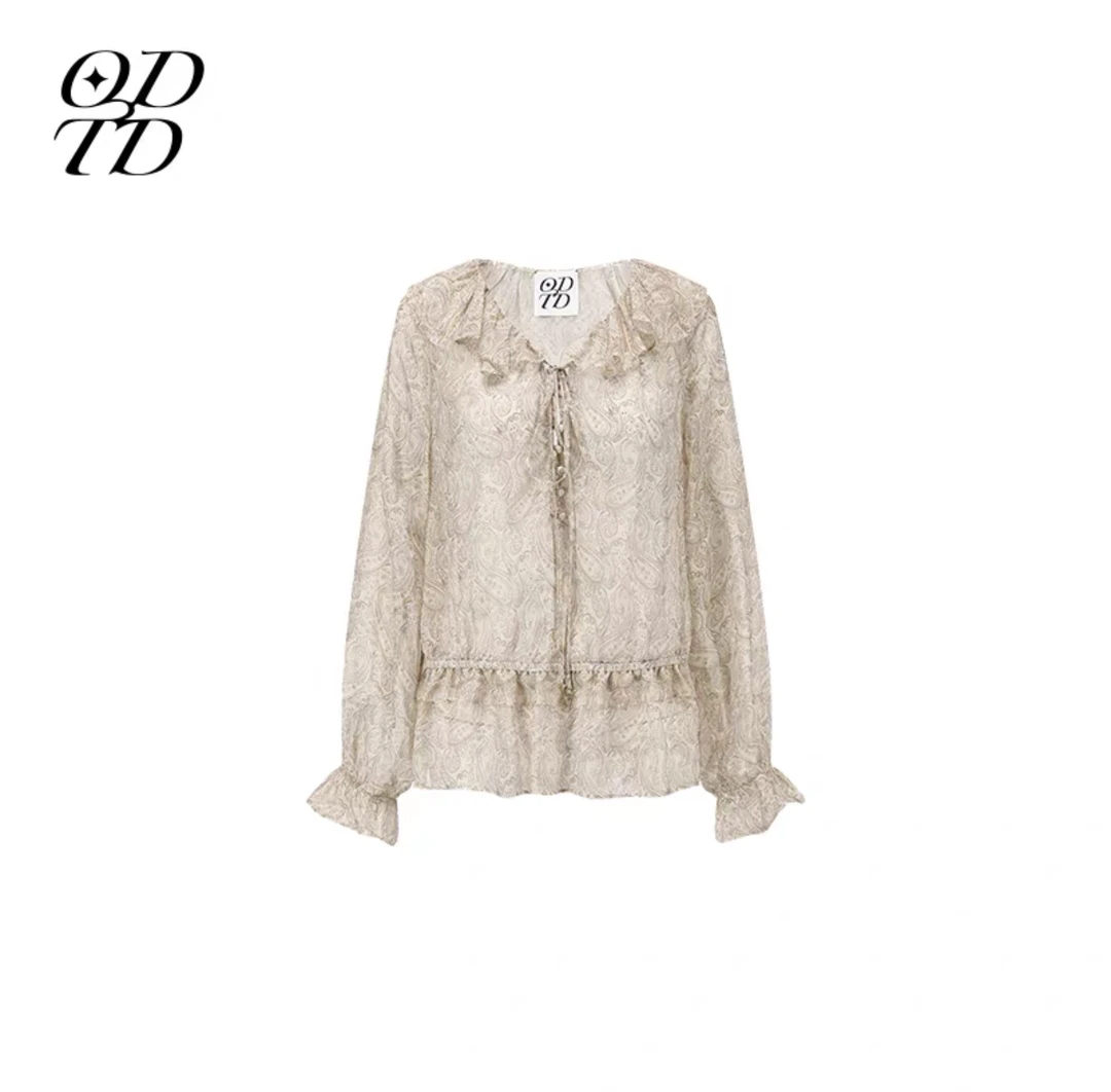 ODTD 25早秋系列 波西米亚风印花系带荷叶边衬衫上衣