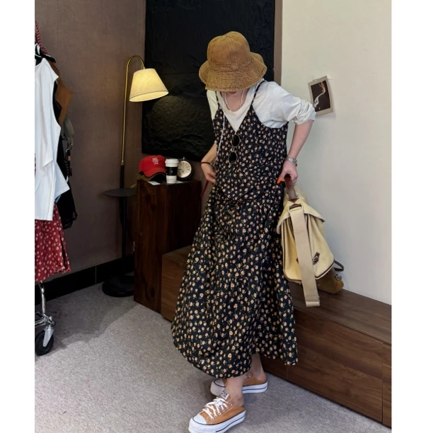 HY 1987复古碎花连衣裙无袖大口袋宽松显瘦吊带长裙时尚气质夏季