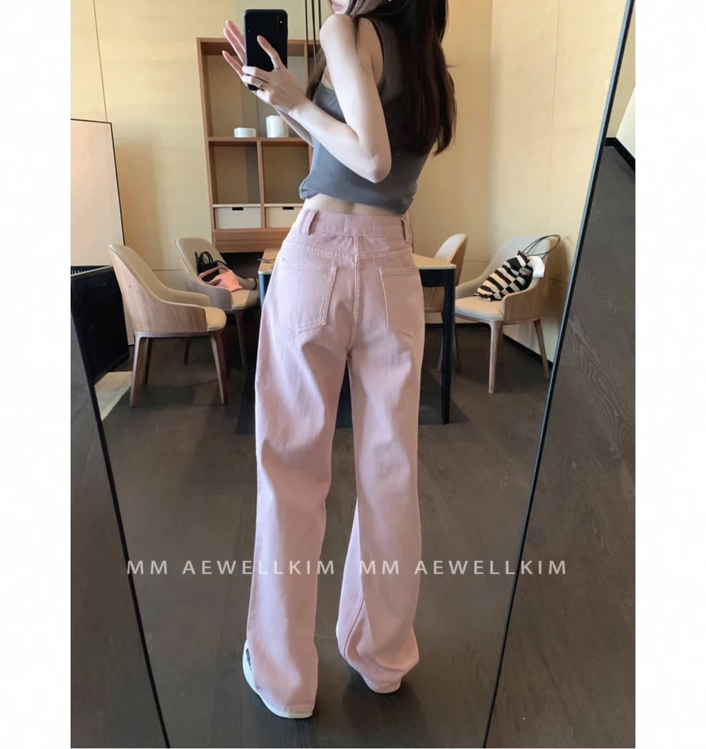 8810#粉色阔腿牛仔裤女春秋季新款高腰显瘦百搭直筒裤子潮