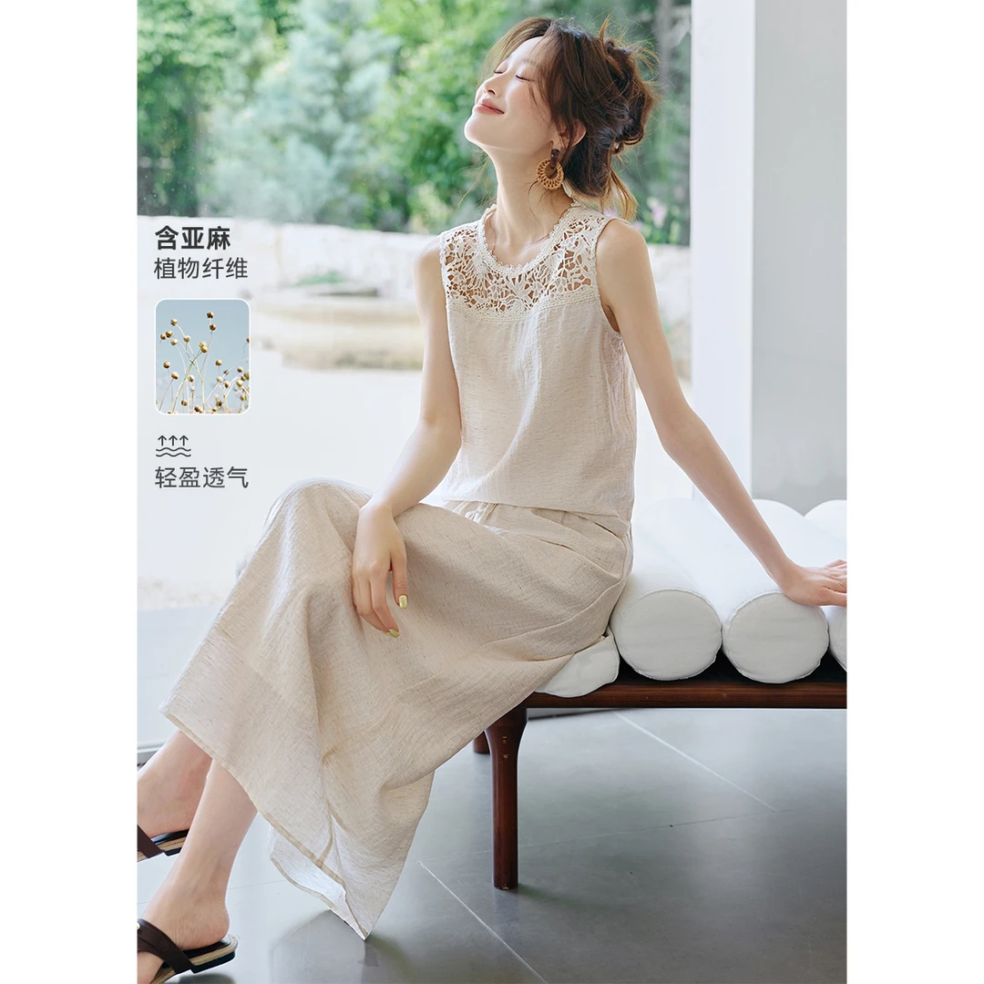 沫晗依美【微风情书】2025夏新蕾丝镂空拼接含麻衬衫半身裙套装9046