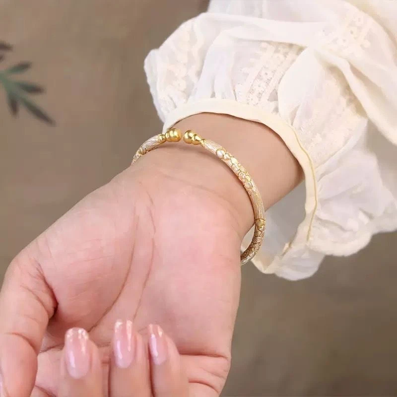 足银手镯 古法樱花描金葫芦高级送女友国风开口实心手镯足银9999