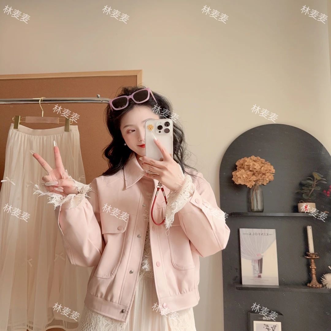 林麦麦【她很甜酷】皮衣女2025春秋装新款POLO领休闲工装风皮夹克