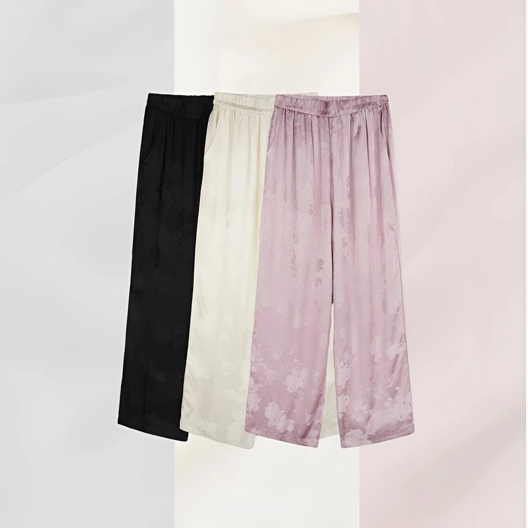 2025夏季新中式长裤阔腿裤高腰冰丝休闲裤春夏印花老钱风1-YF209