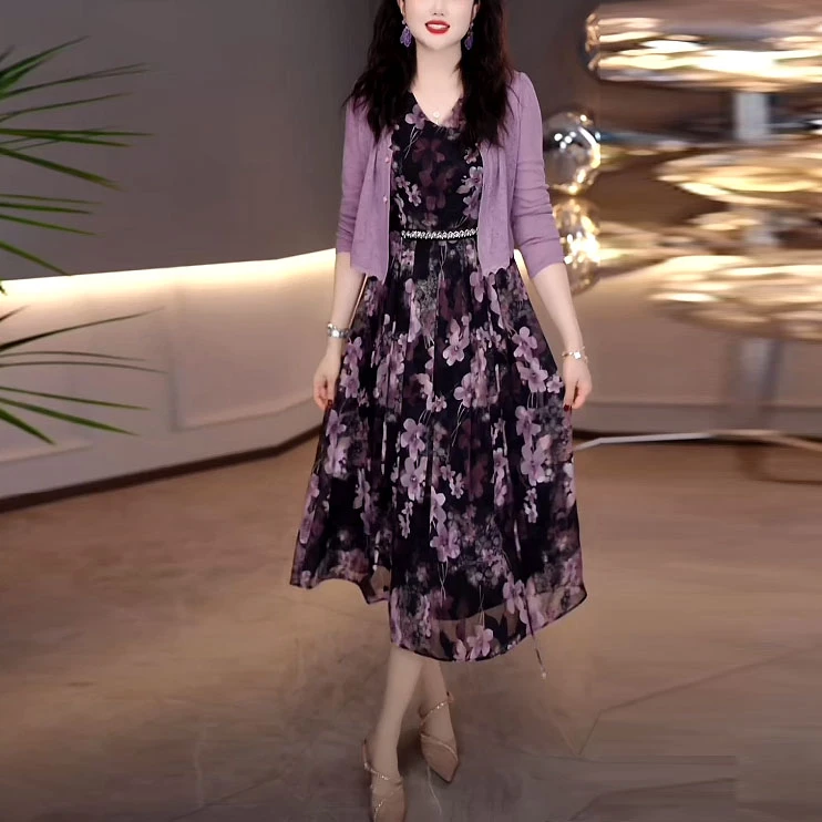 乔琪丝时尚气质碎花两件套连衣裙2025春季新款修身中长款套装裙子