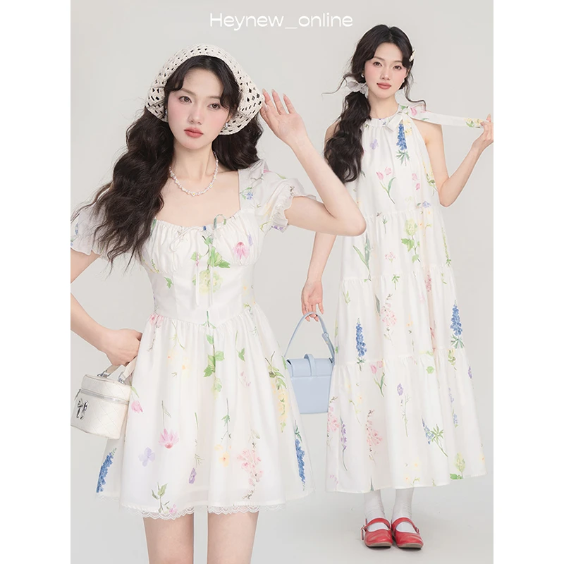 【花房少女】浪漫法式高级复古印花少女风初恋茶歇连衣裙-5C1228