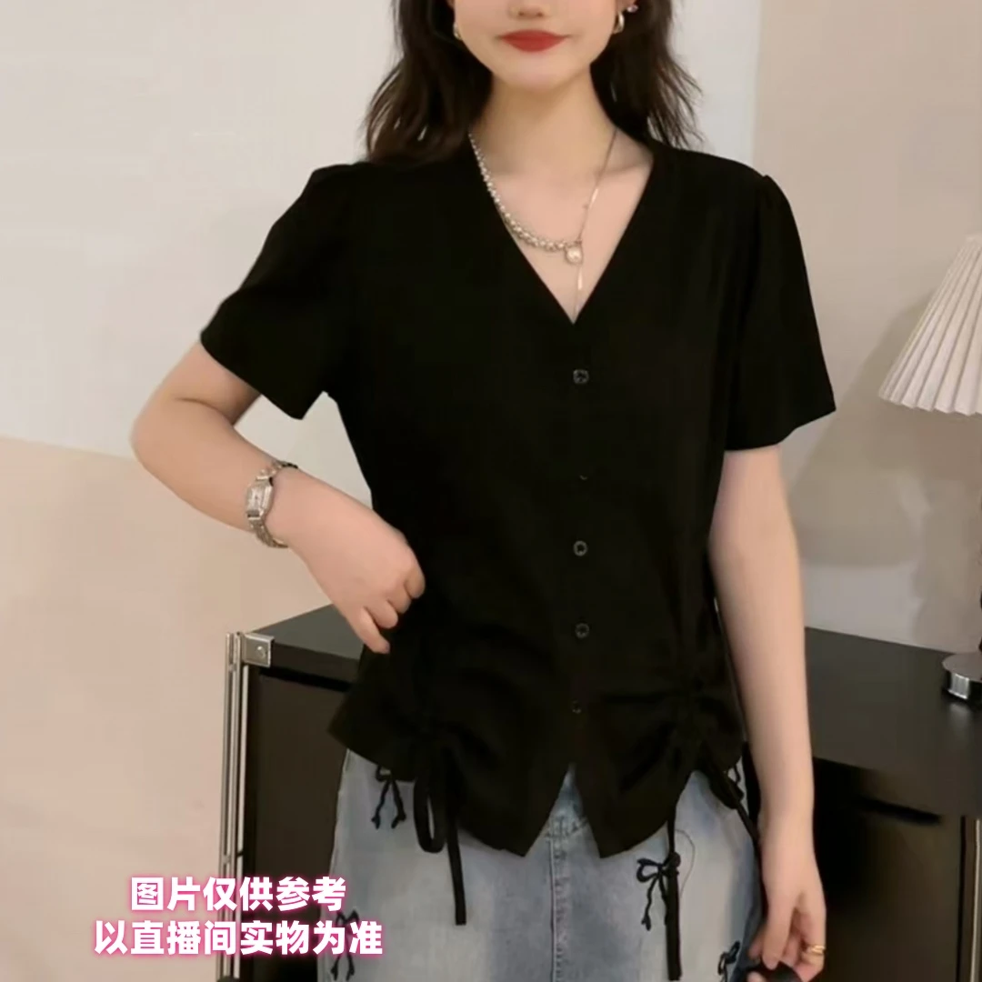 曦曦*两侧抽绳纽扣短袖设计感上衣小衫打底衫时尚百搭气质显瘦