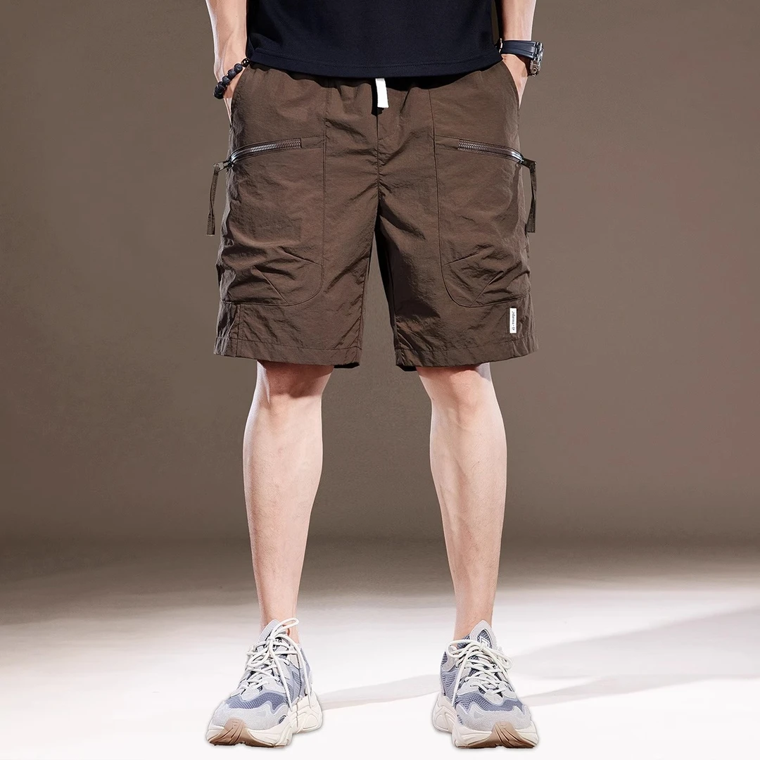 U&PURA夏季冰丝薄款咖色美式工装短裤男宽松直筒休闲五分裤子男