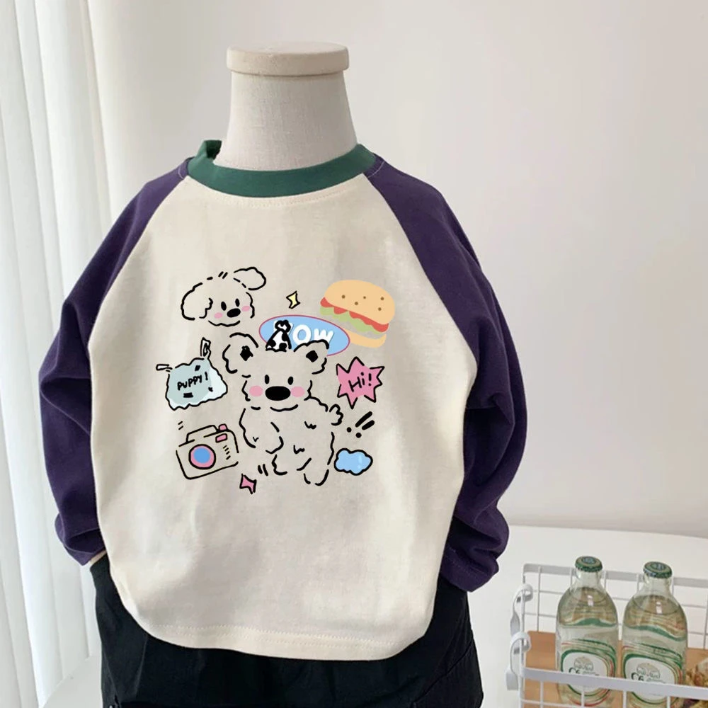 女童上衣纯棉长袖T恤小狗可爱印花圆领插肩袖韩版宽松休闲打底衫t