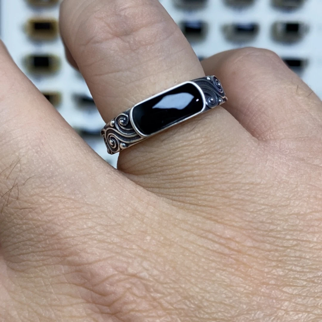 翡翠银S925镶嵌戒指墨翠戒指