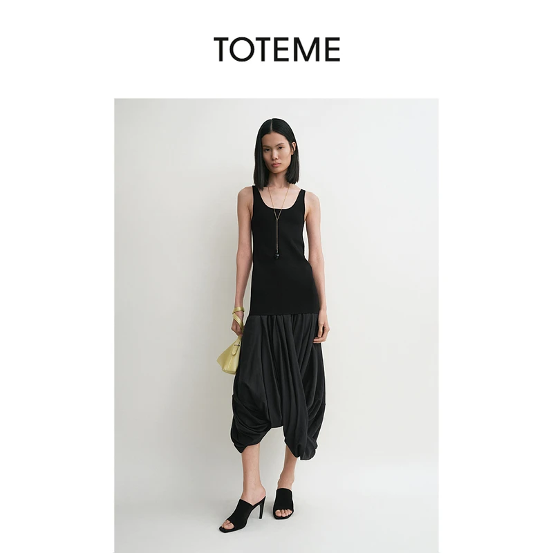 TOTEME女装黑色拼接茧型扭纹不规则层叠背心连衣裙