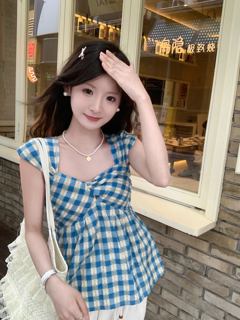 运费补贴小个子夏季韩版甜美洋气显瘦气质修身显瘦蝴蝶结格子小衫